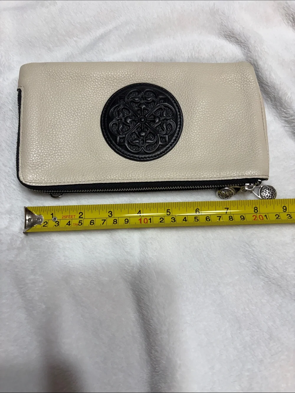 Brighton Cream Leather Zip Clutch with Black Medallion